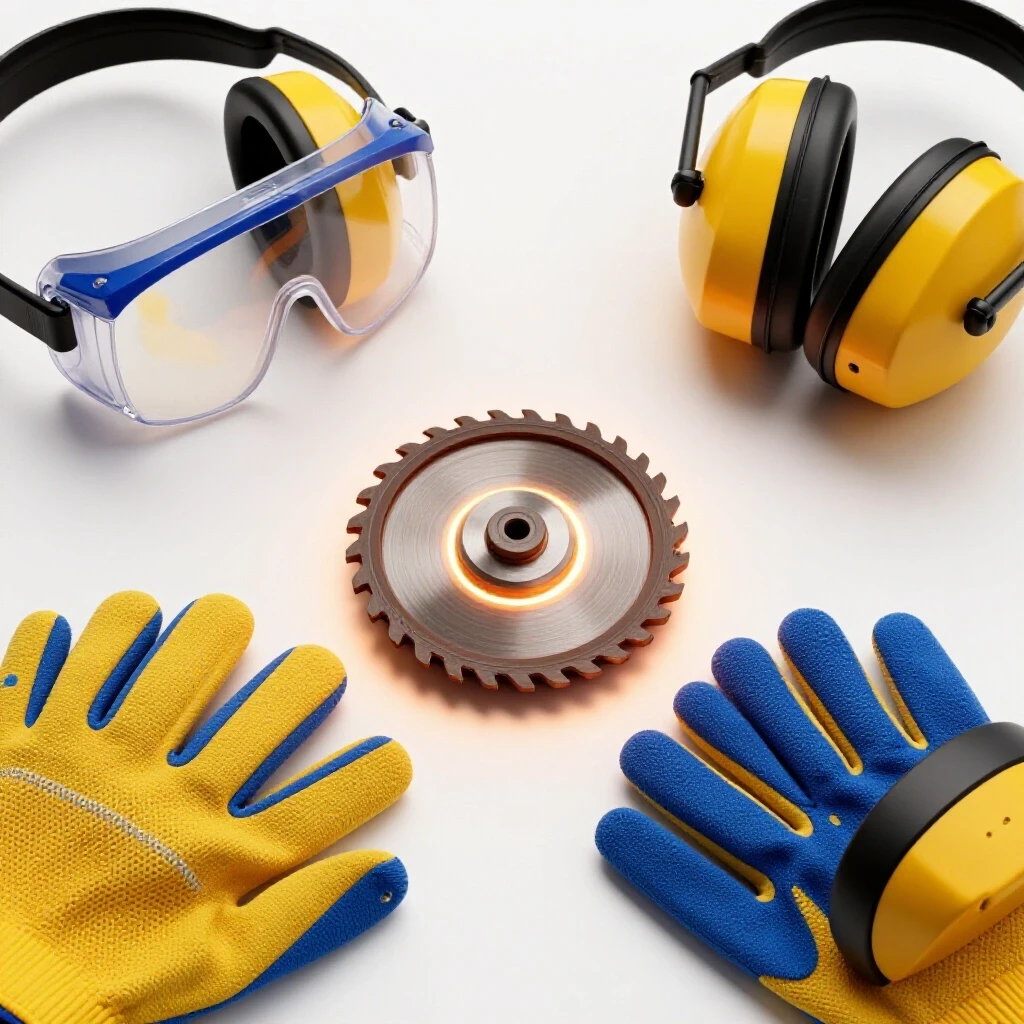 Dynamic composition of essential safety gear including goggles, gloves, and ear protection around a glowing metal grinding wheel.