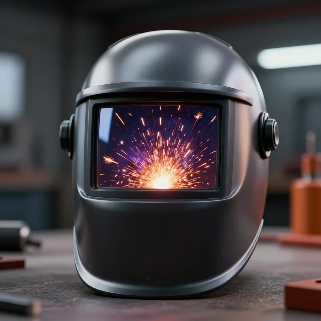 A close-up of a welder's helmet reflecting flying sparks, set against a blurred workshop background to emphasize safety gear.