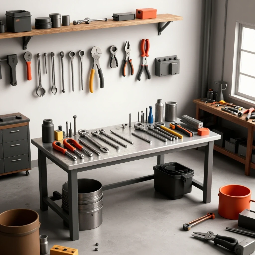 A contrasting organized and disorganized metalworking workshop layout emphasizing efficient workspace design.