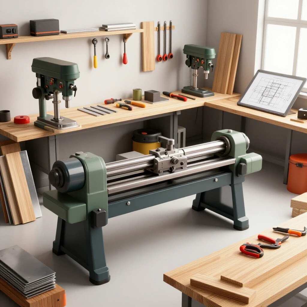 Well-organized workshop workspace with essential tools and vibrant materials, ready for DIY projects.