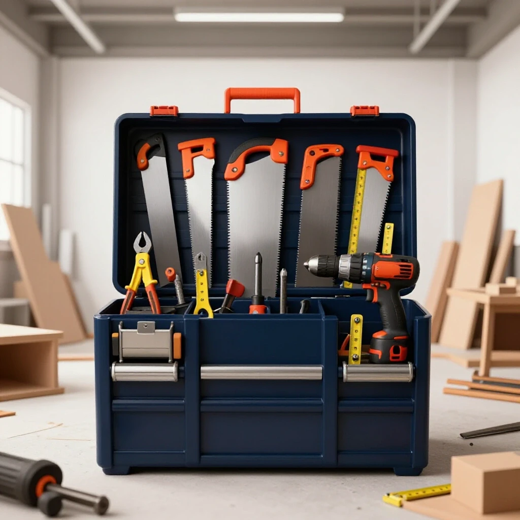 A well-organized toolbox filled with essential shop tools surrounded by chaotic fabrication project remnants, emphasizing craftsmanship.