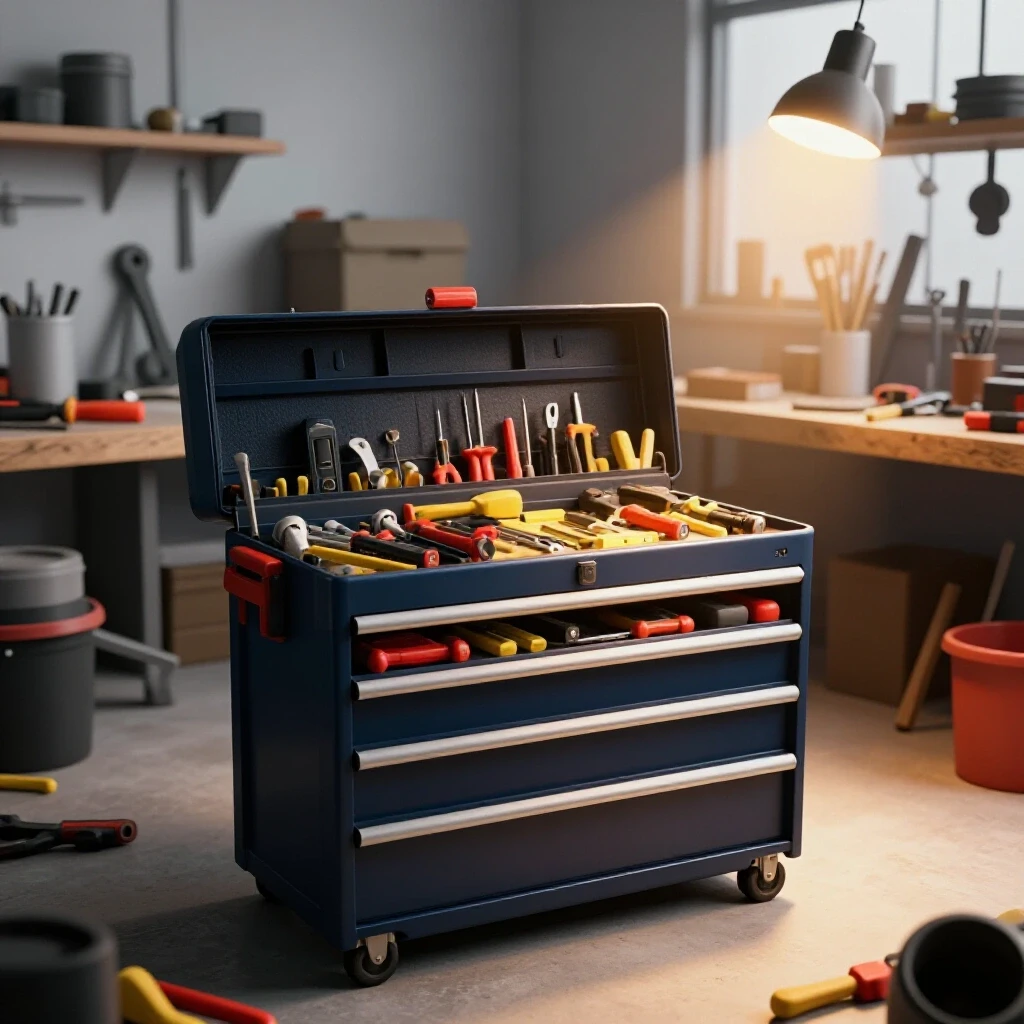 A well-organized toolbox in a cluttered workshop, showcasing a contrast between organization and chaos in tools and materials.