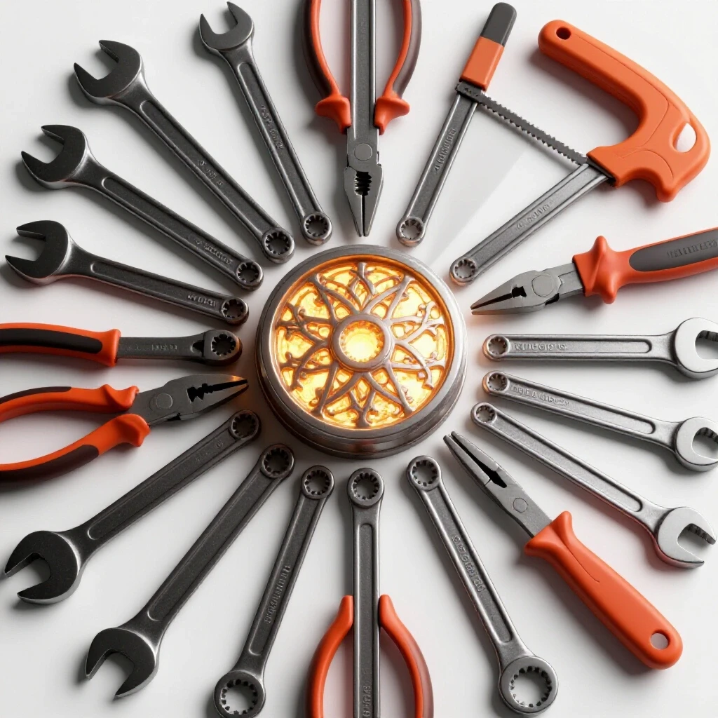 A dynamic arrangement of metalworking tools in bright lighting surrounding a glowing centerpiece, emphasizing metal fabrication.