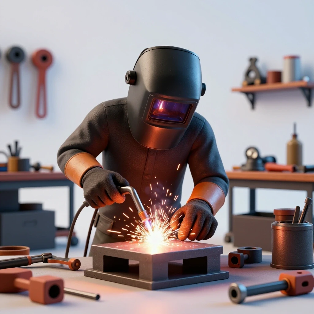 A home welding workshop with a welder and tools, showcasing bright sparks and vibrant metallic colors in a well-lit space.