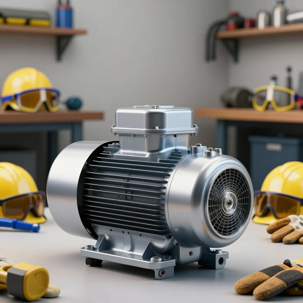 A shiny compressor motor in a cluttered workshop highlighting safety gear like goggles and gloves.