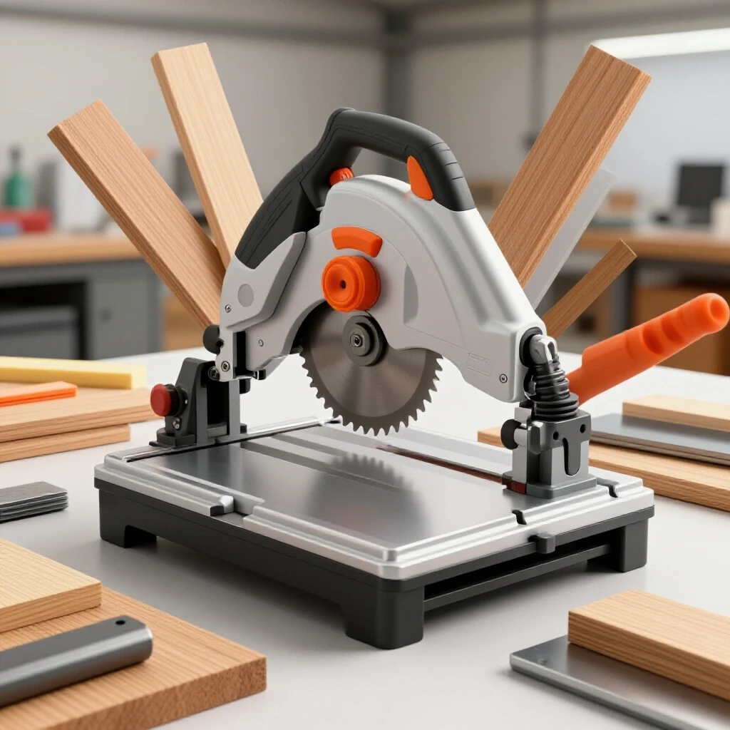 A prominently displayed bandsaw with various materials like wood, metal, and plastic around it, showcasing its cutting capabilities.
