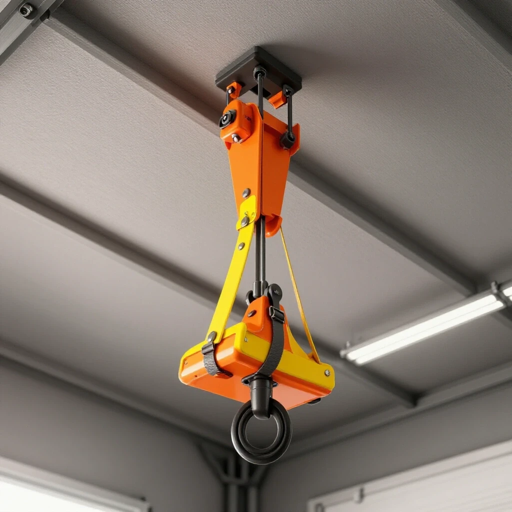 A 3D-rendered image of a securely fastened hoist in a garage, contrasted with a dangling hoist, emphasizing safety.
