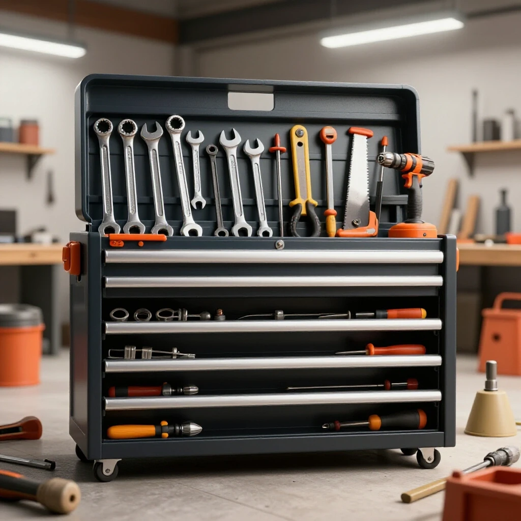 A vibrant toolbox filled with essential metalworking tools like wrenches, saws, and drills in a bright workshop.