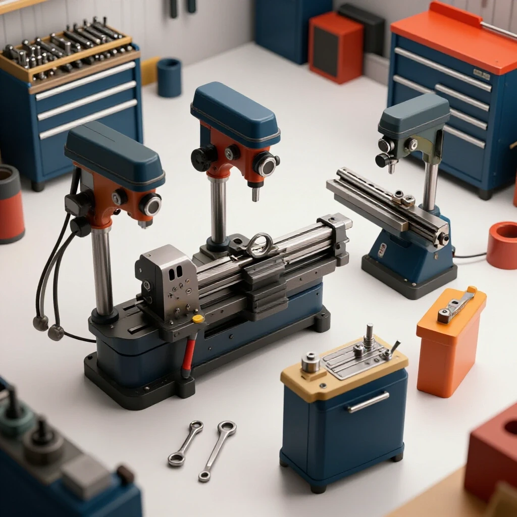 A well-lit compact machine shop workspace featuring a lathe, drill press, and toolbox arranged in a circular layout.