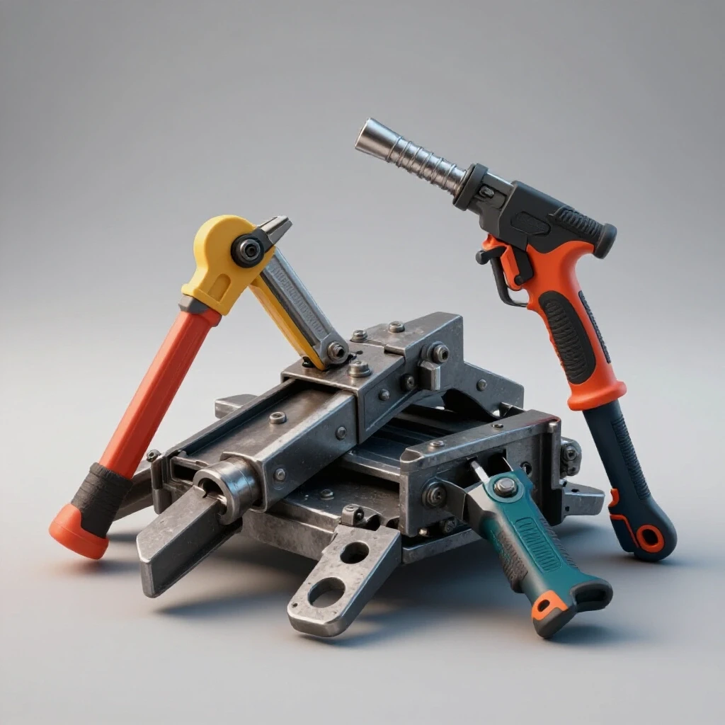 A dynamic collection of essential heavy-duty tools including a hydraulic jack and cutting torch, surrounding a partially disassembled metal fixture.