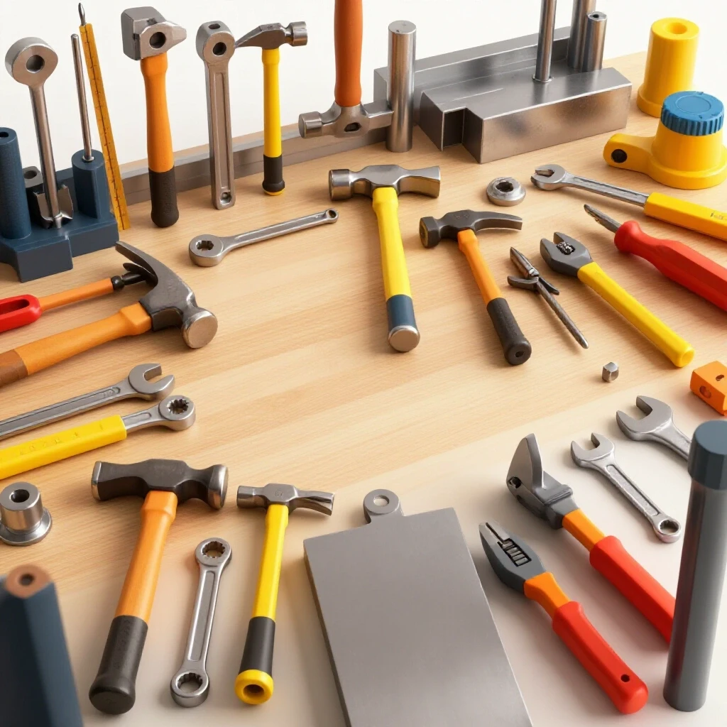 A well-organized metalworking workbench with essential tools and an unfinished metal piece in the background.