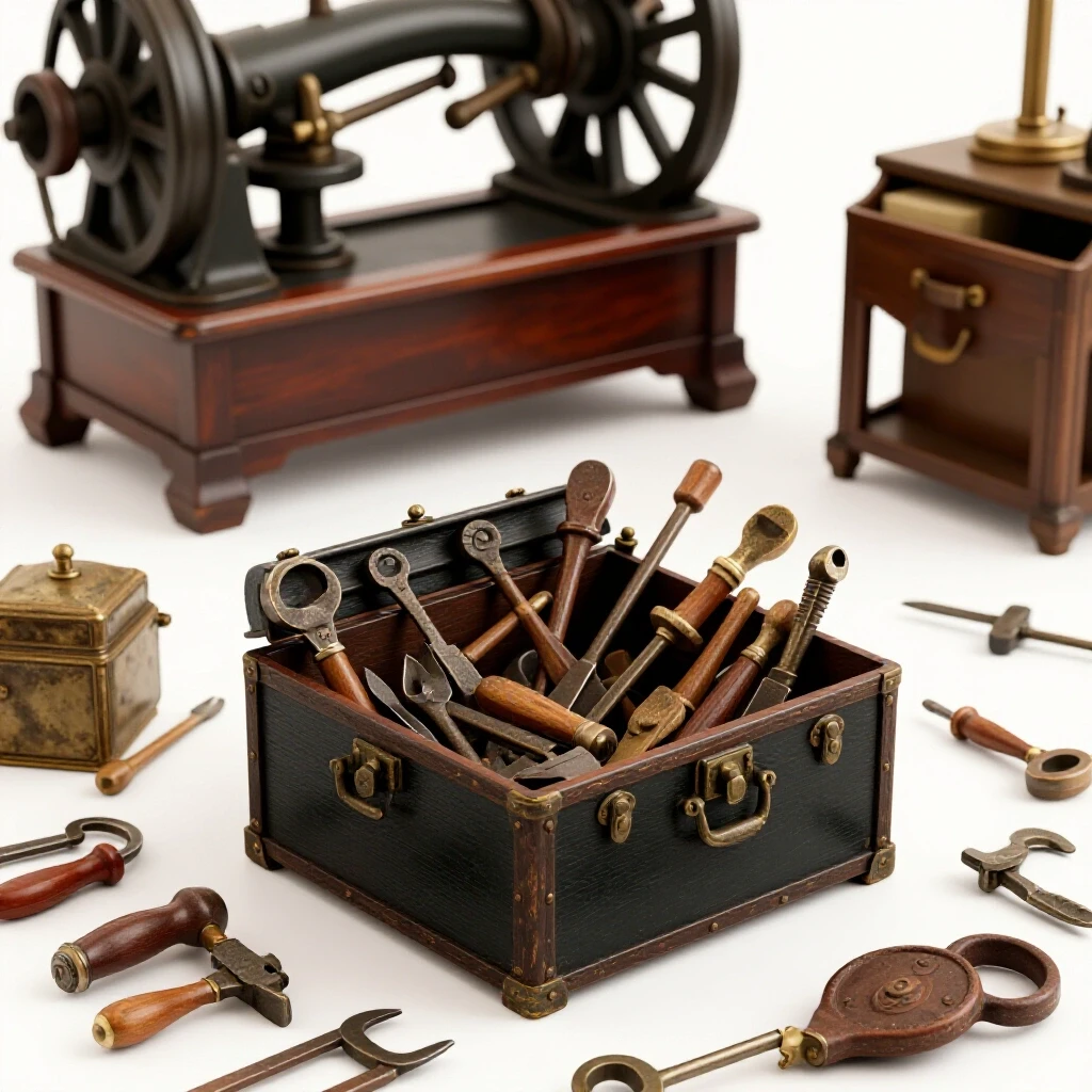 A vintage tool chest filled with antique tools, set against a polished antique machine, showcasing craftsmanship and history.