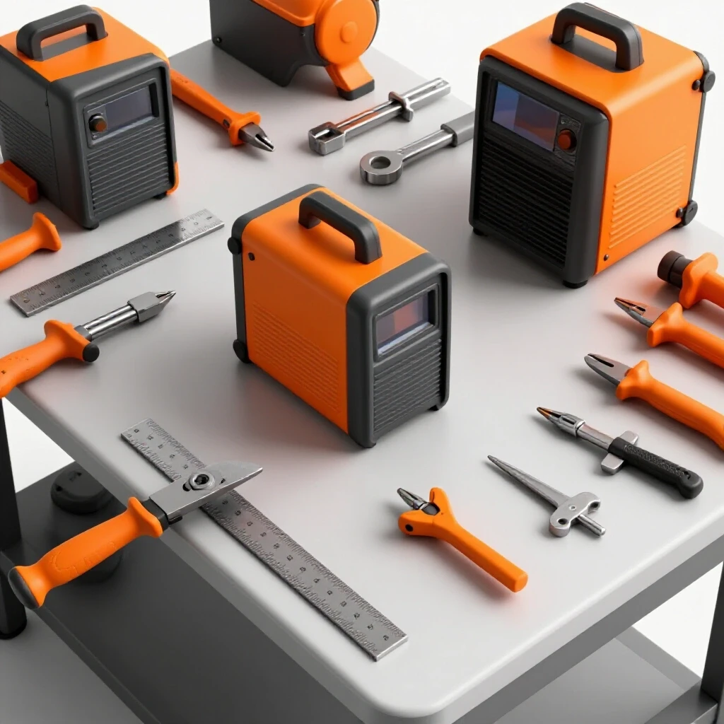 A well-organized home metal workshop bench displaying essential tools like a cutting torch and welding machine in vibrant colors.