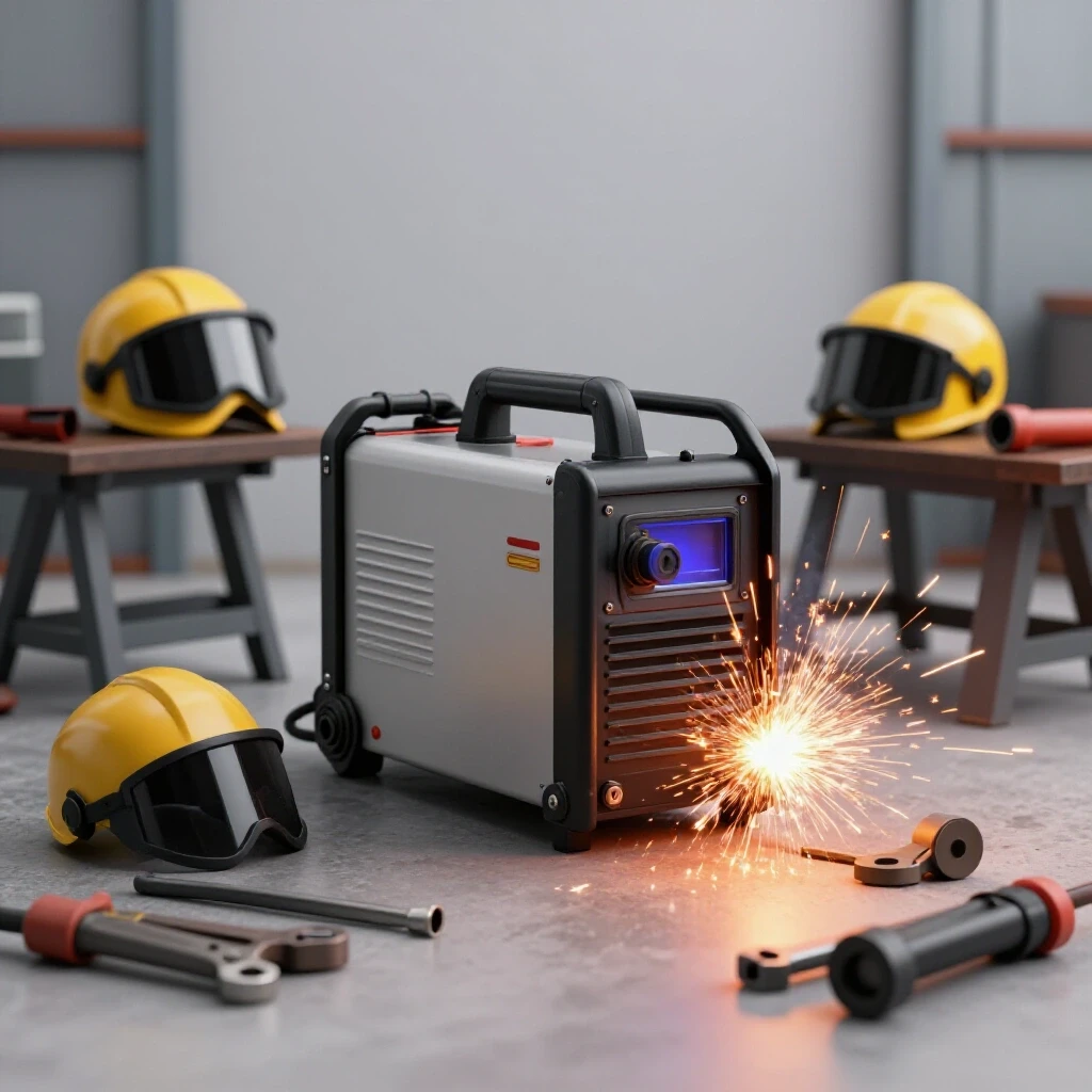 Portable welding equipment in an outdoor setting with bright sparks, showcasing essential tools and safety gear.