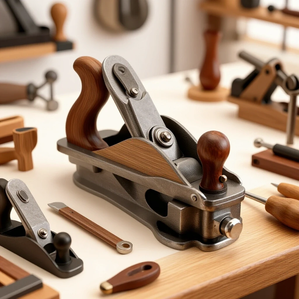 A cozy machine shop showcasing an array of underrated tools like a vintage hand plane and a unique vice, set against a bright background.