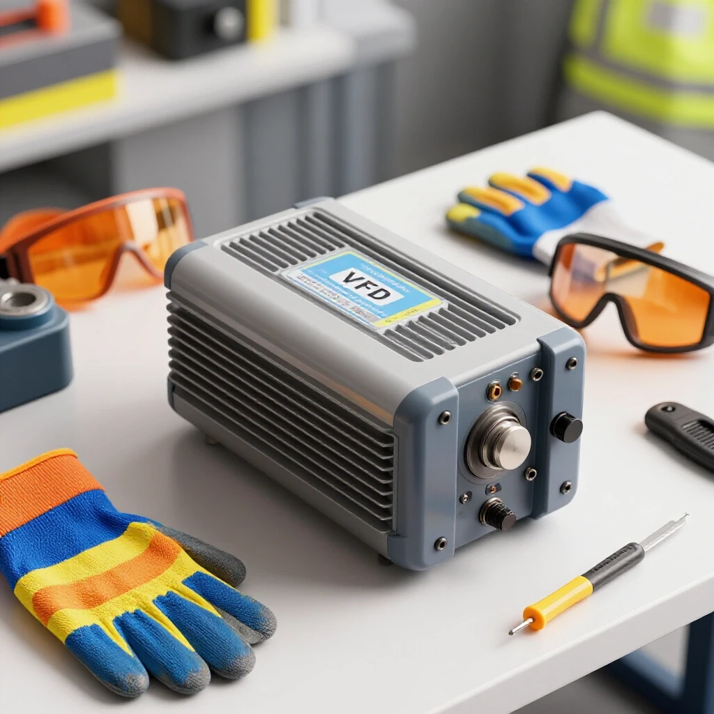 Close-up of a well-organized workbench showcasing a VFD and phase converter surrounded by vibrant safety gear for wiring tasks.