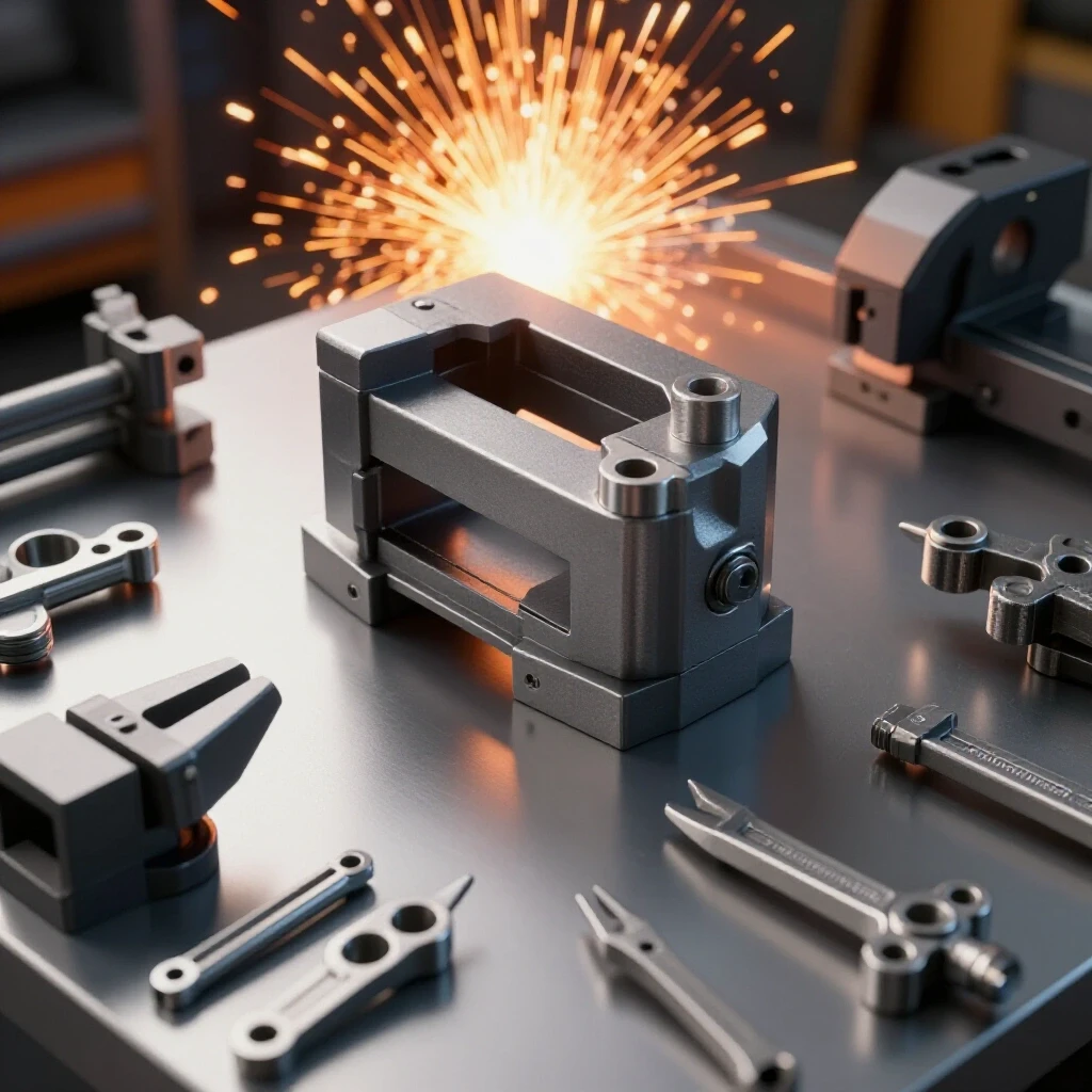 Close-up of a welding workstation showcasing organized clamps and vises against flying sparks.