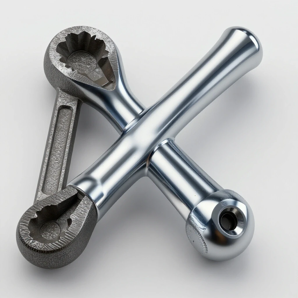 Close-up of a shiny high-quality metalworking tool next to a dull worn-out tool, emphasizing texture and craftsmanship.