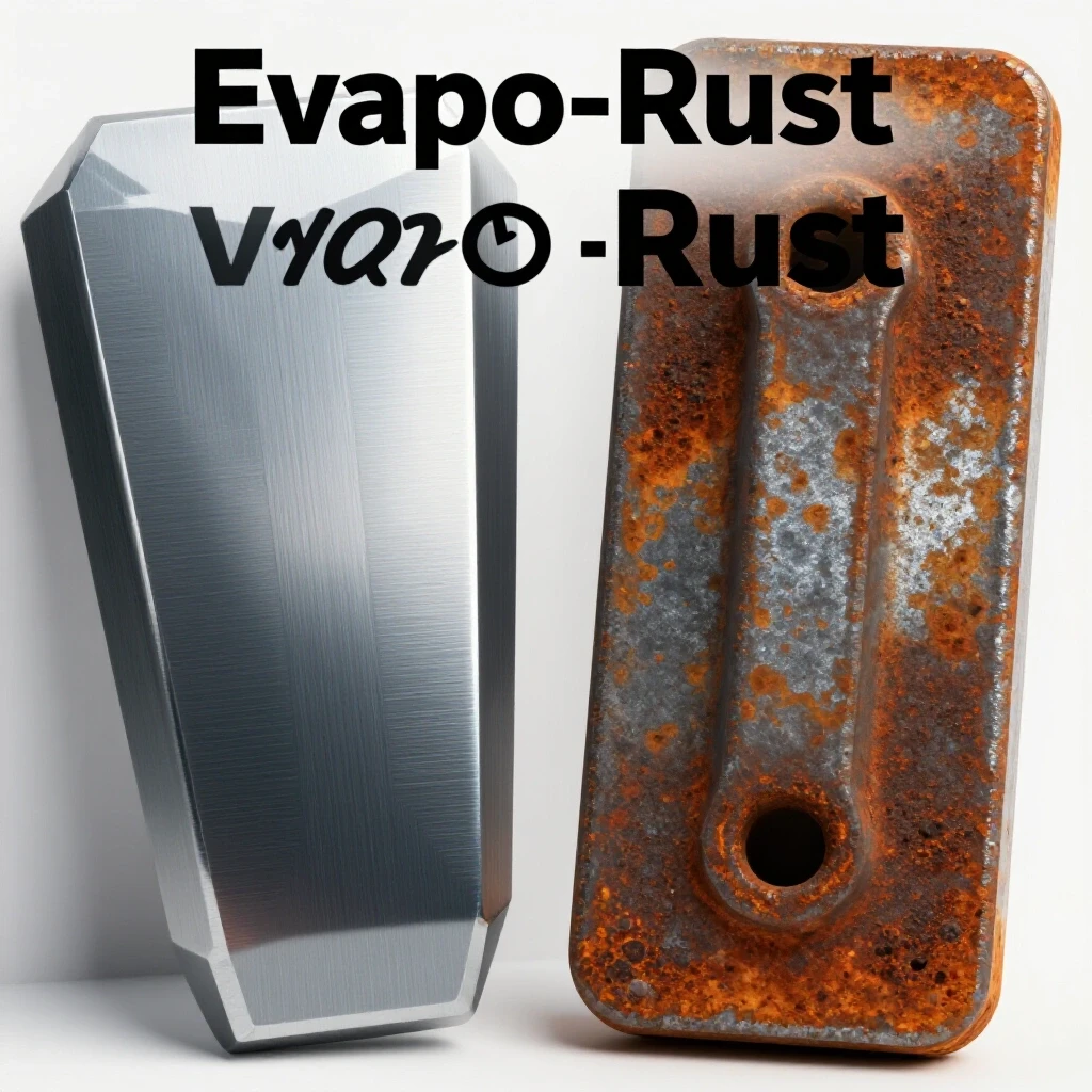 A visual comparison of a shiny tool steel piece and a corroded steel item, illustrating Evapo-Rust vs acid baths.