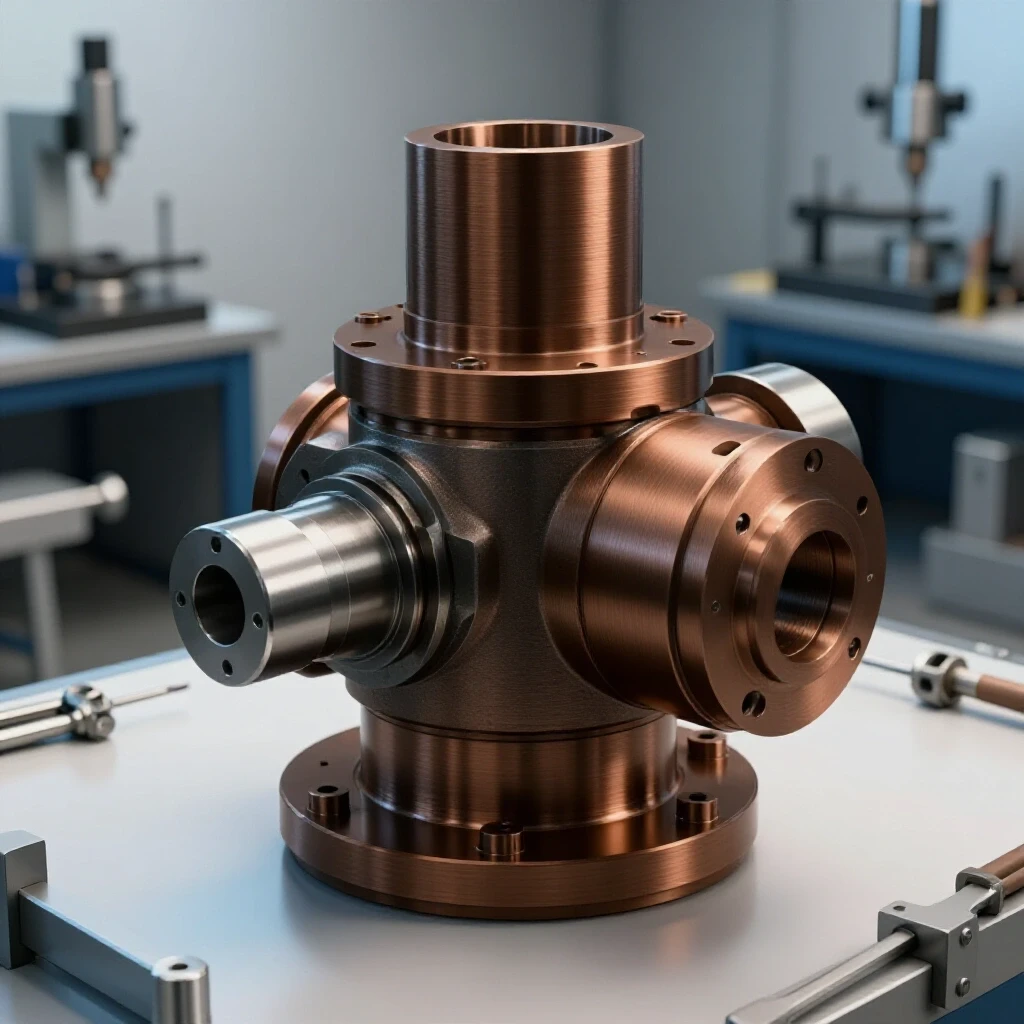 A completed fabrication assembly in rich colors, surrounded by blurred tools and inspection equipment, showcasing quality and detail.