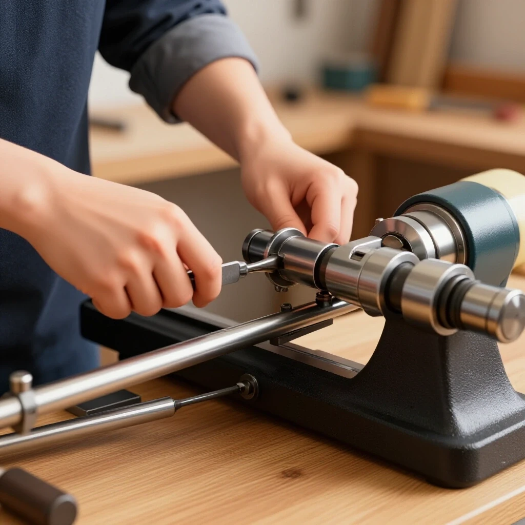Hands adjusting a lathe's components against a blurred backdrop of tools in a bright workspace.