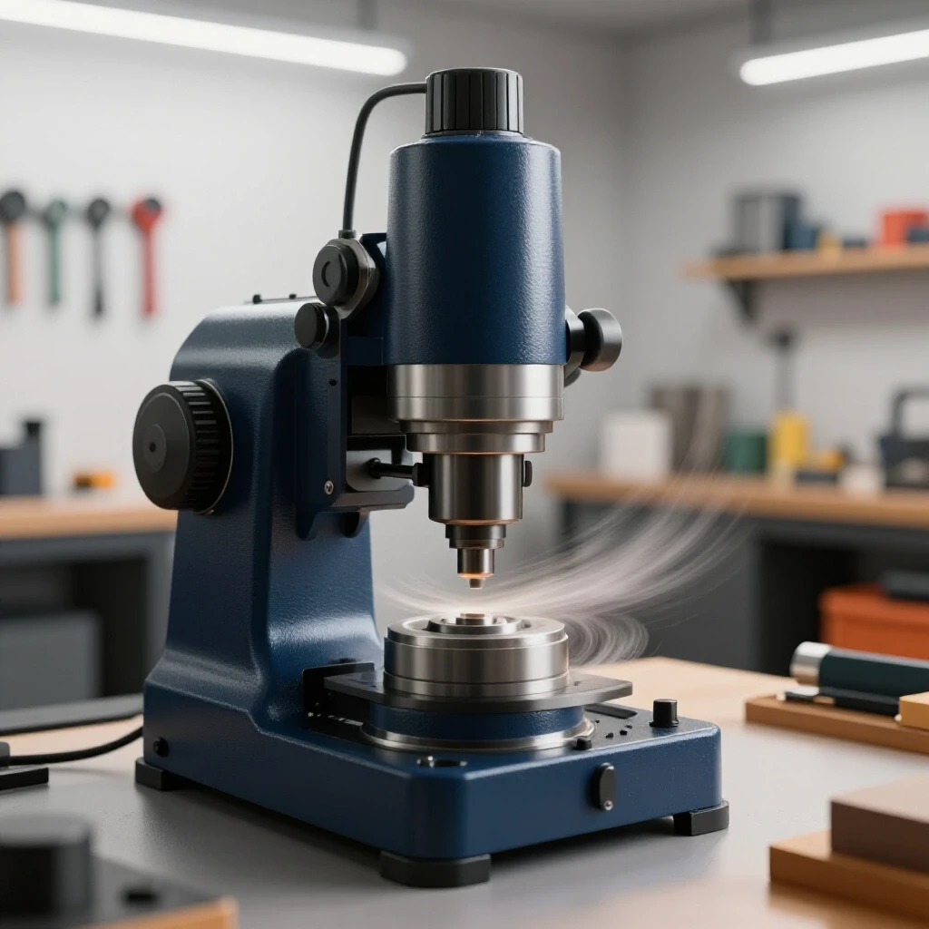 A dynamic close-up of a manual milling machine in action, with organized tools in a bright workshop background.