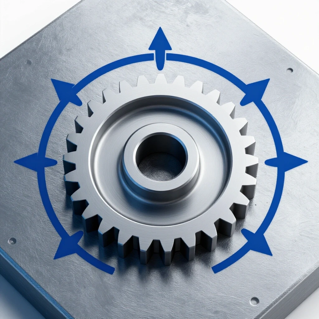 A polished metallic gear on a textured mild steel surface with arrows indicating speed and feed rates, showcasing metalworking precision.