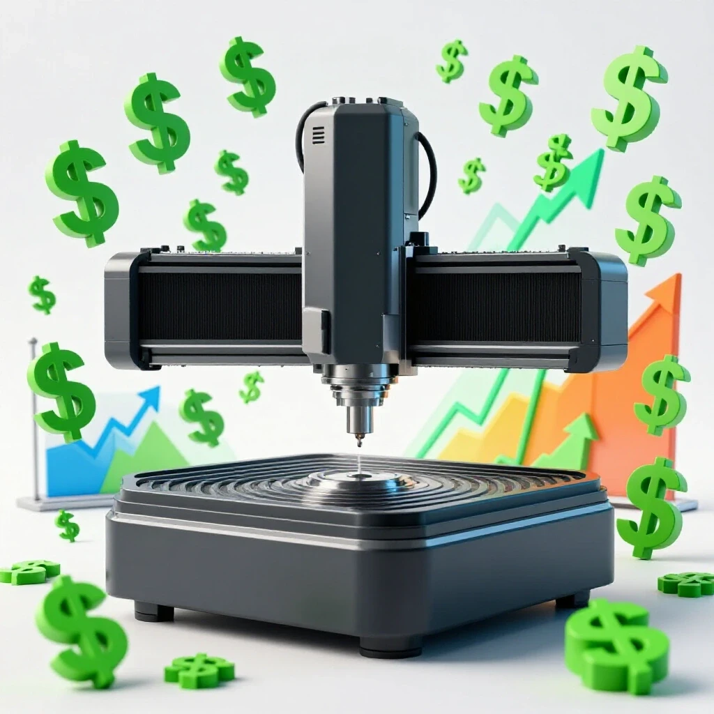 3D-rendered CNC mill surrounded by dollar signs and graphs indicating financial growth and profitability.