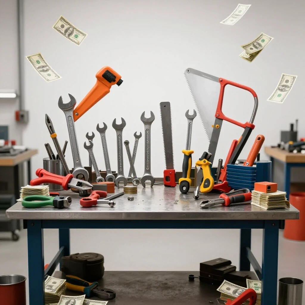 Vibrant metal workshop scene showcasing a central workbench filled with tools, surrounded by dollar bills and metal scraps.