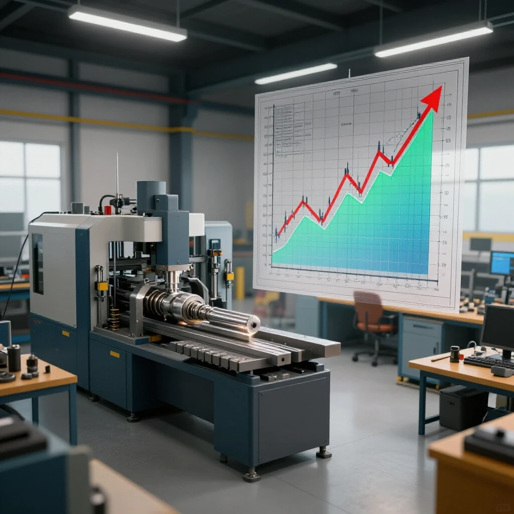 A dynamic split-scene image showing a custom fabrication shop with machinery on one side and a financial growth chart on the other, symbolizing the metalworking industry's potential.
