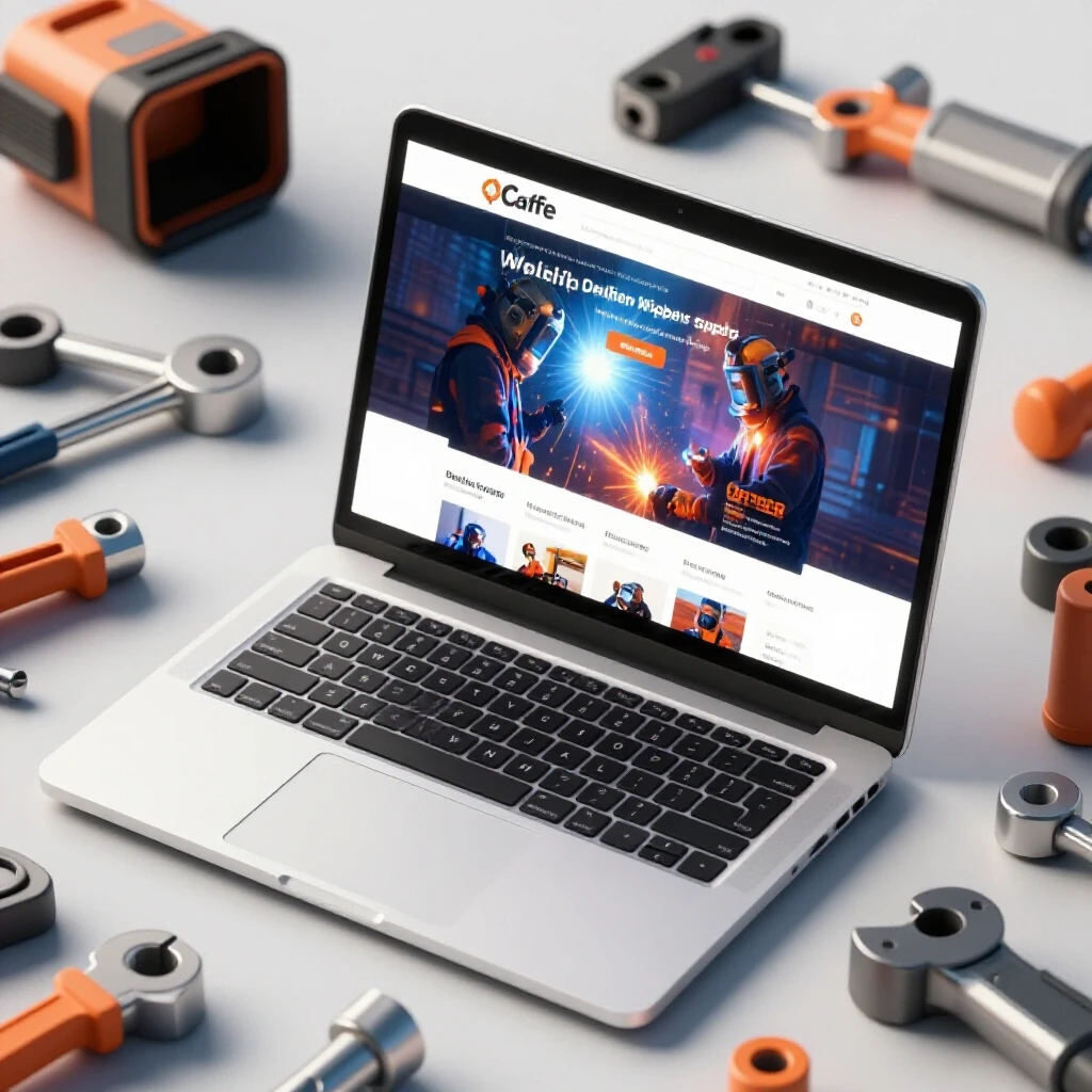 A laptop screen shows a welding supply website, surrounded by tools, highlighted by warm studio lighting.
