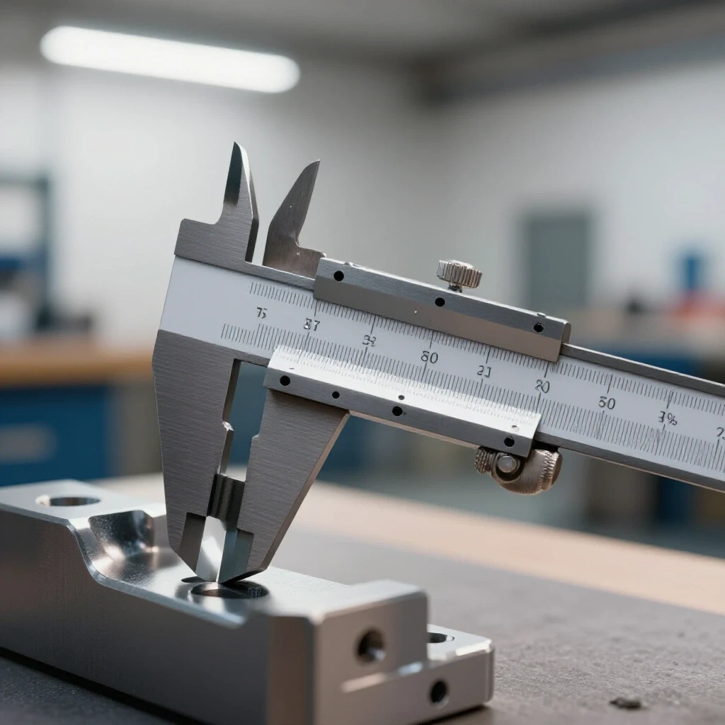 Close-up of a precision measuring tool juxtaposed against a metalwork piece in a blurred workshop.