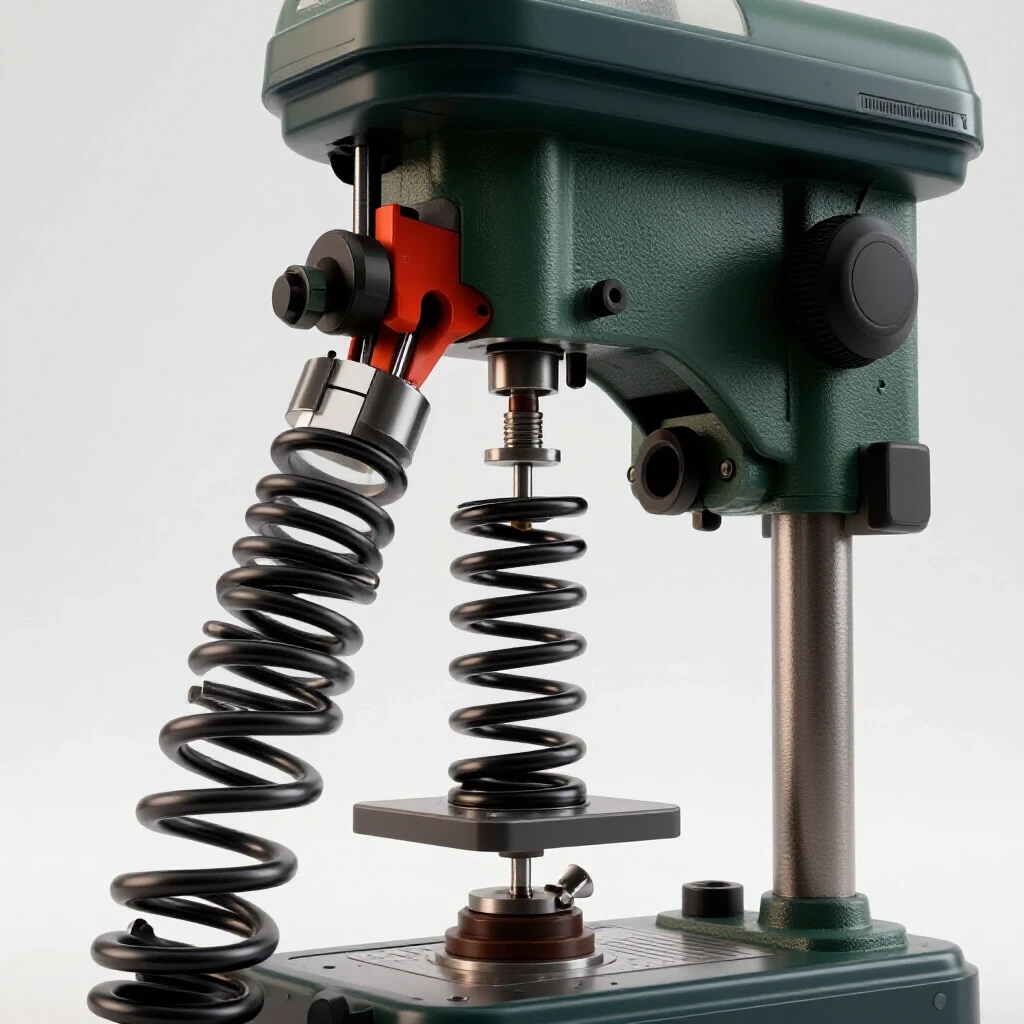Partially disassembled drill press focusing on a vibrant oversized spring, showcasing mechanical components in action.