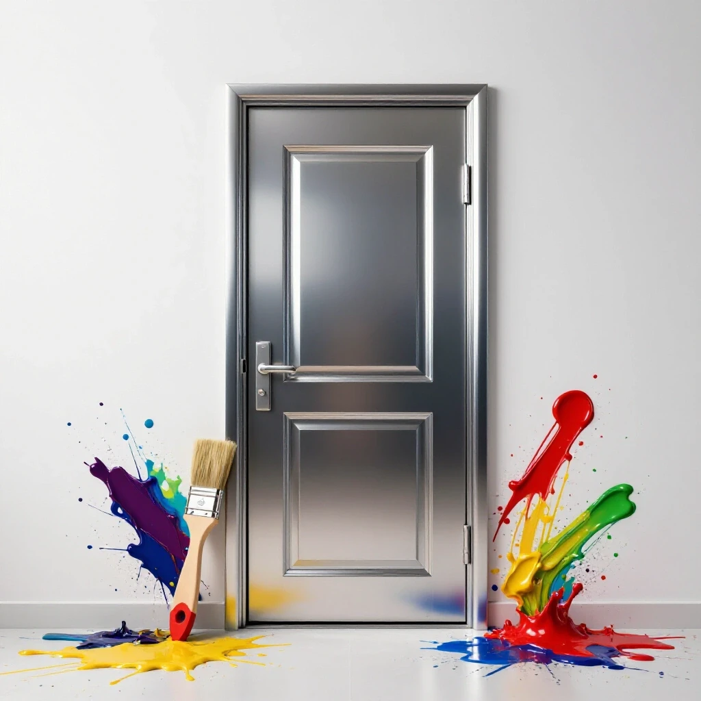 A reflective metal door with a painter's brush and vibrant paint splatters, showcasing a contrast of textures and colors in painting process.