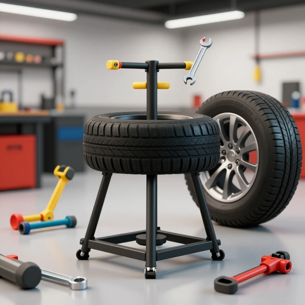 A well-lit 3D-rendered image of a tire changing stand surrounded by a tire and colorful tools in a workshop setting.