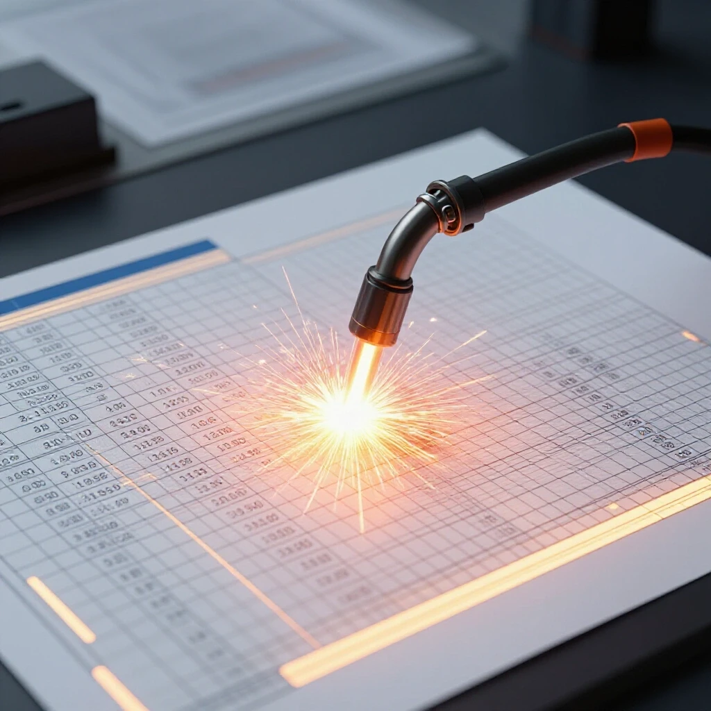 A welding torch emitting sparks over a bright glowing spreadsheet, symbolizing tracking profit in a workshop.