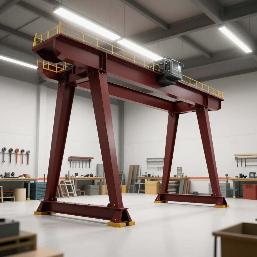 Partially assembled steel gantry crane frame in a bright workshop setting, showcasing tools and materials.