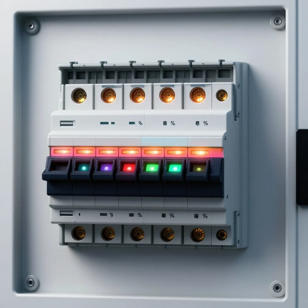 A detailed electric breaker panel with glowing load indicators, centered on a bright, clean background, showcasing workshop power diagnostics.
