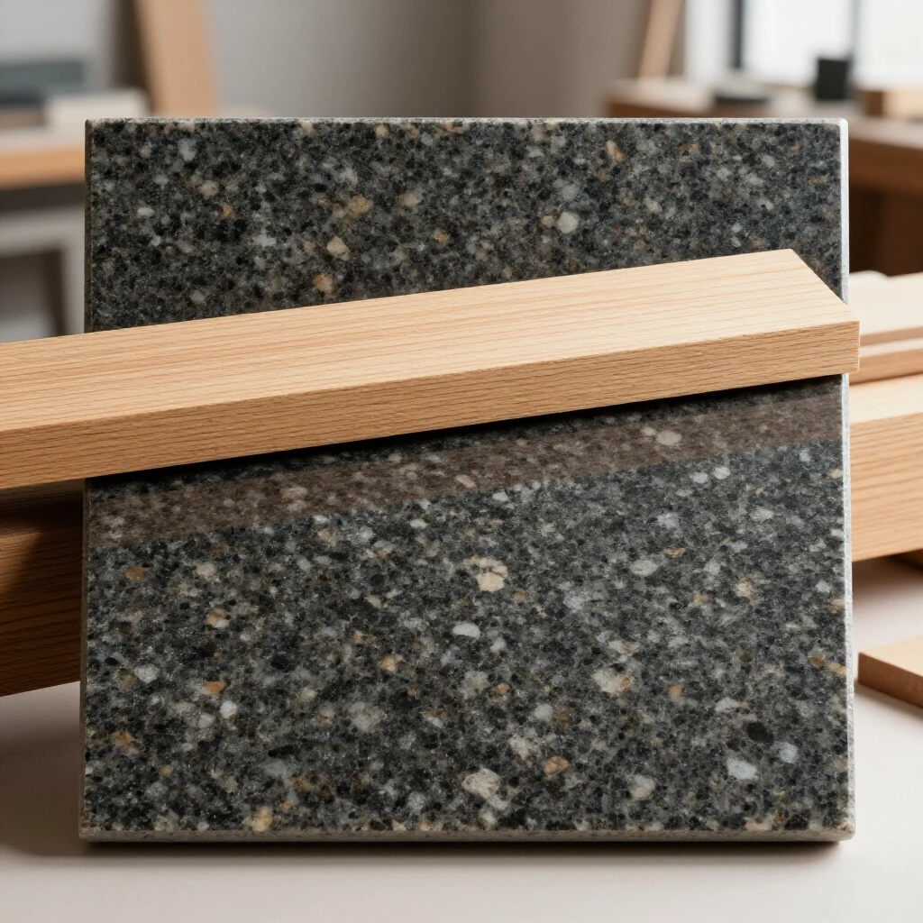 Close-up of a glossy granite tile with a wooden workpiece on top, highlighting the precision of flattening planes.