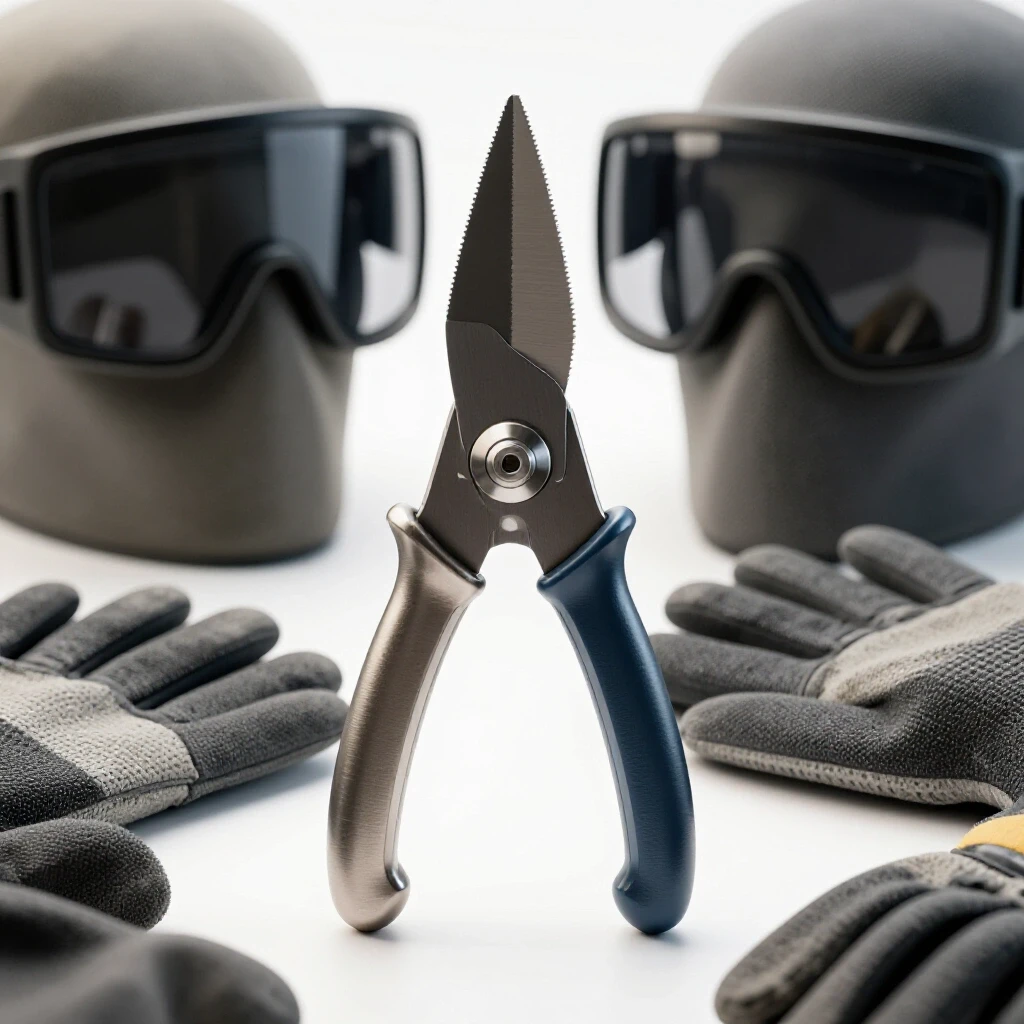 A sharp cutting tool in focus with protective goggles and gloves in the background, highlighting metalworking safety.