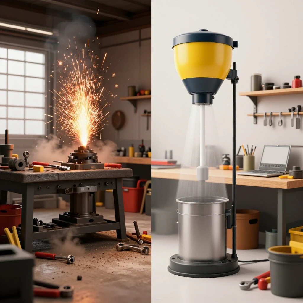 A split-image showing chaos of grinding sparks on one side and a clean workshop with dust control on the other side.