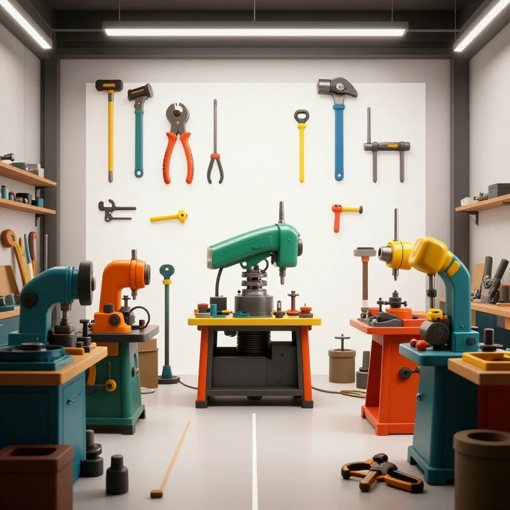 A vibrant and organized workshop showcasing grounded tools and machinery in a bright environment.
