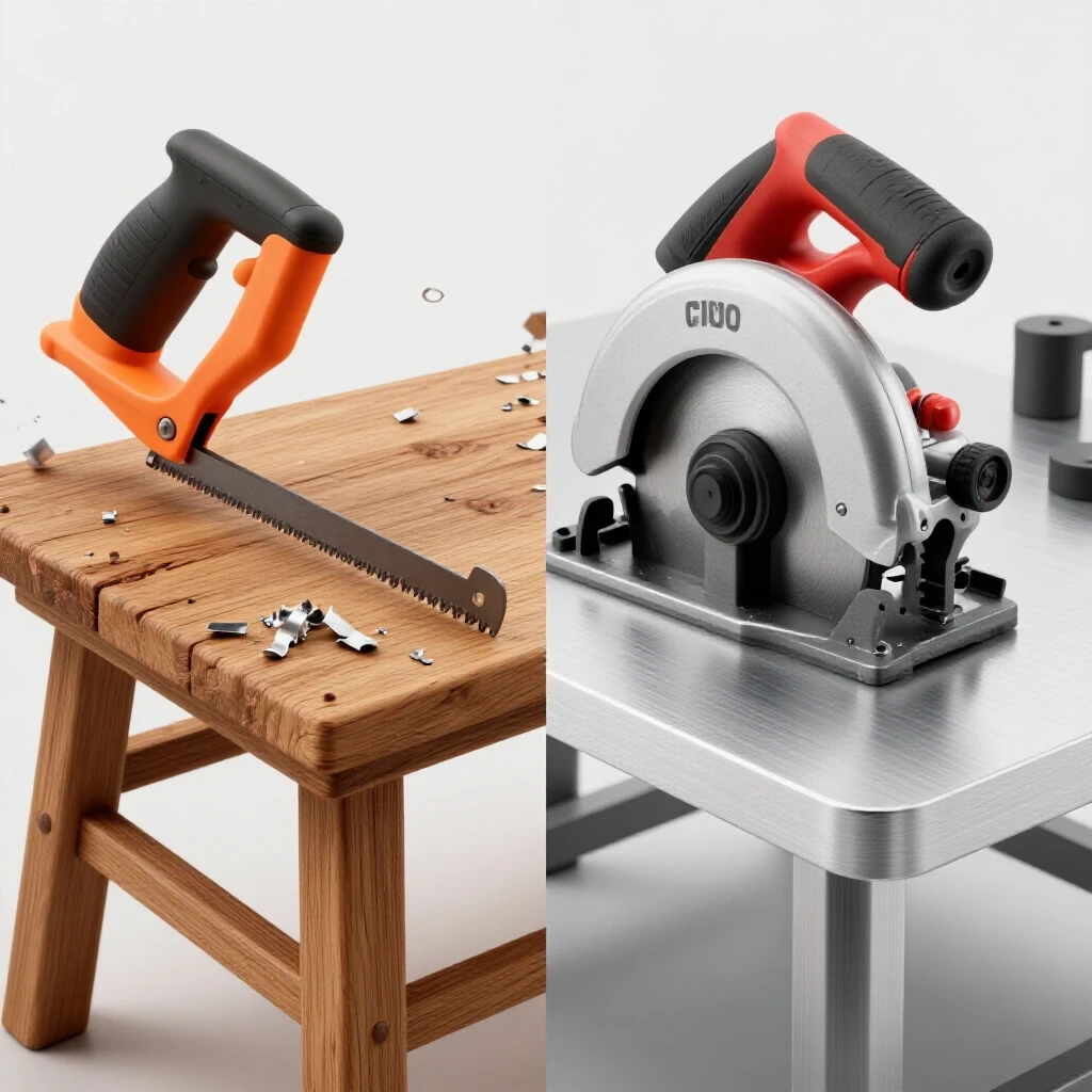 A contrasting display of a hacksaw on a rustic wooden bench and a circular saw on a modern workstation, surrounded by aluminum shavings.