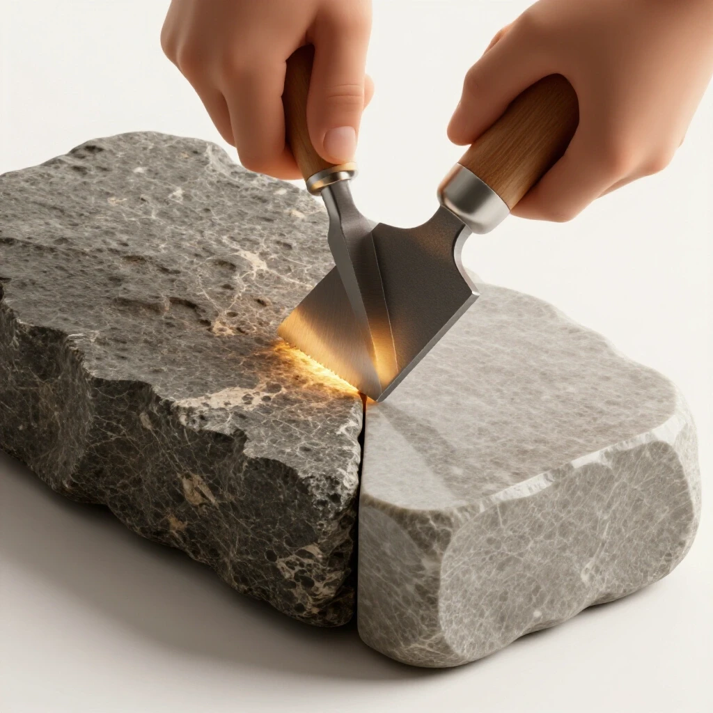 Close-up of a hand stone cutting tool above rough and polished flagstone showcasing craftsmanship and transformation.