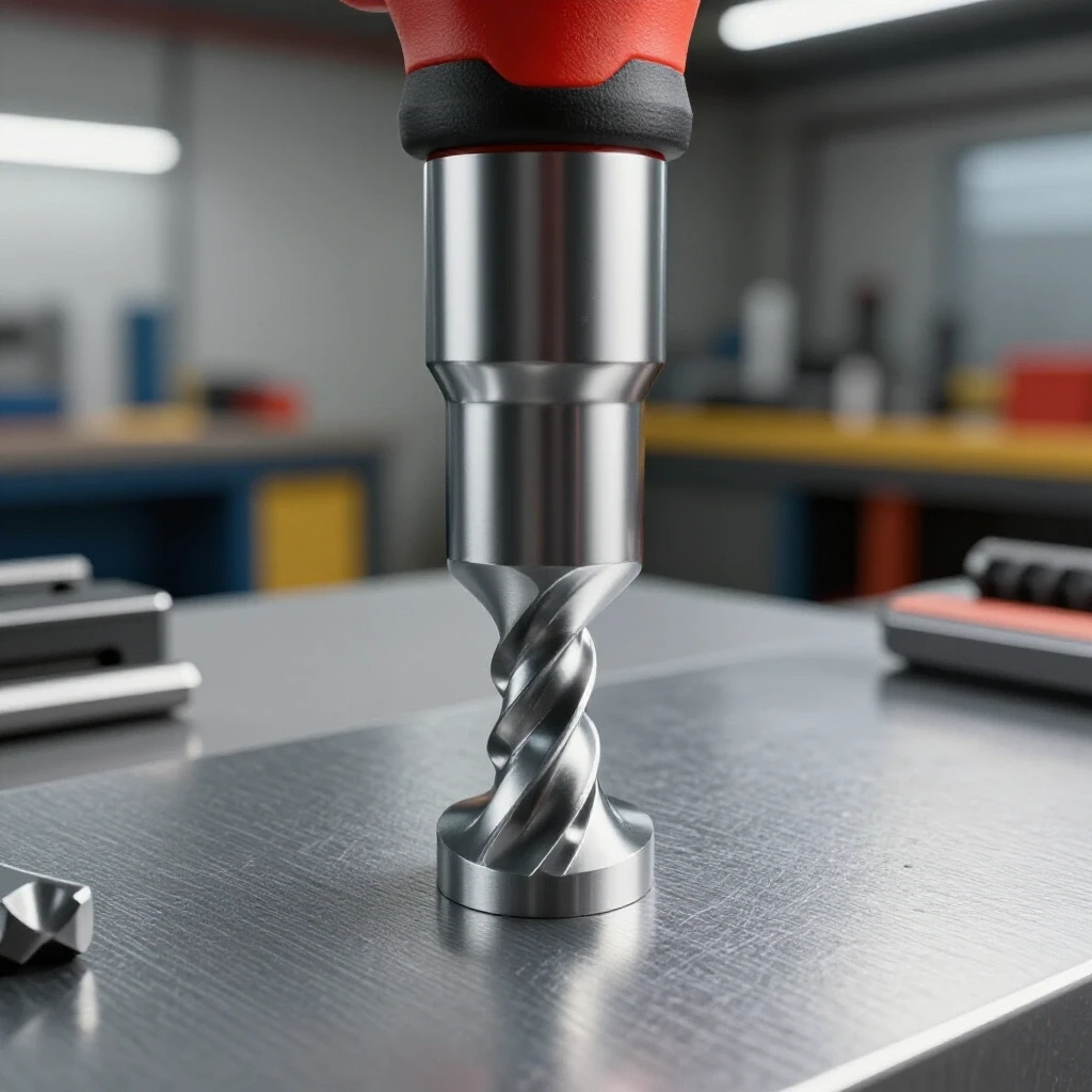 Close-up of a hand tapping tool engaged with textured mild steel in a brightly lit workshop.