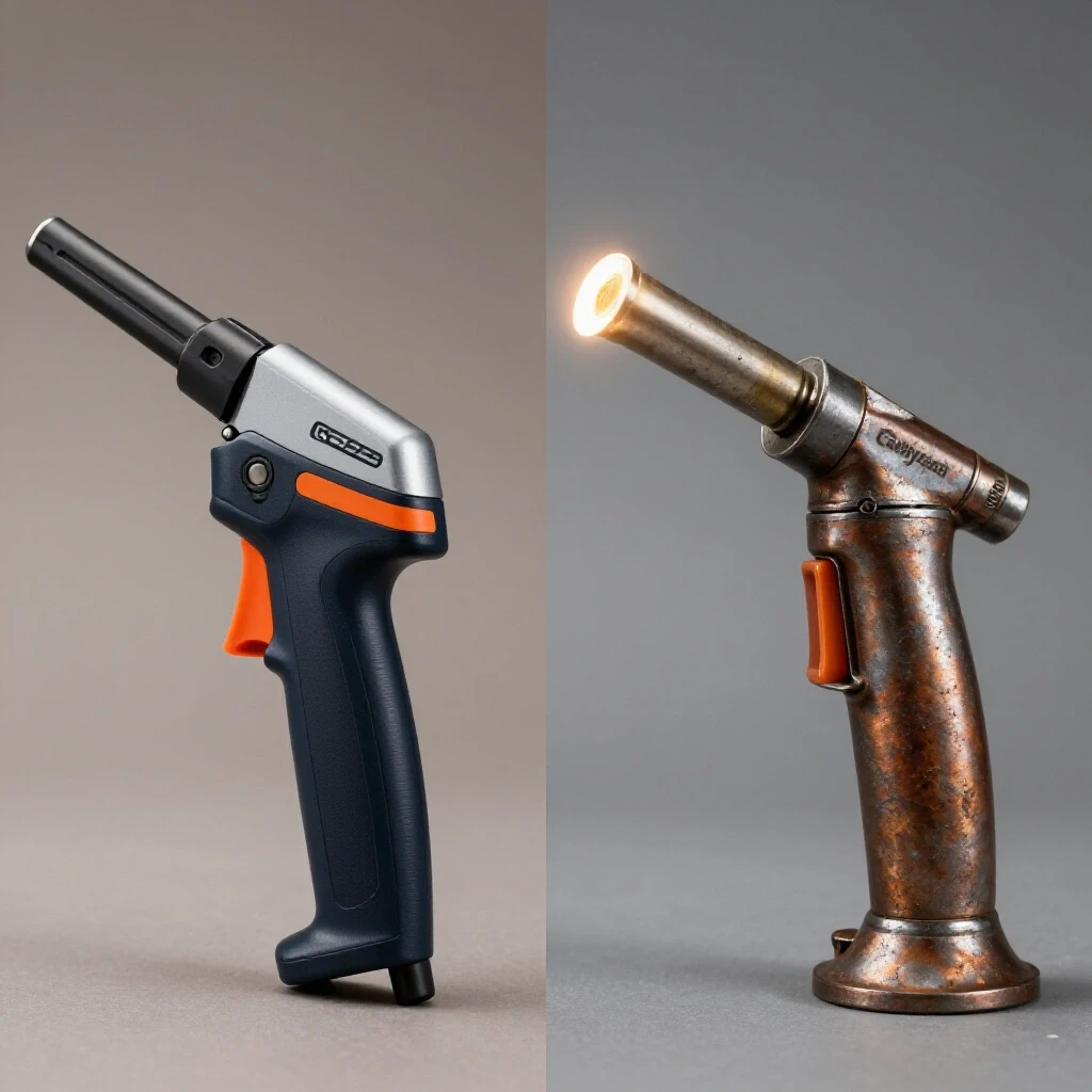 A visually striking comparison of a handheld plasma cutter and an oxy-acetylene torch on a bright background, highlighting their design features.