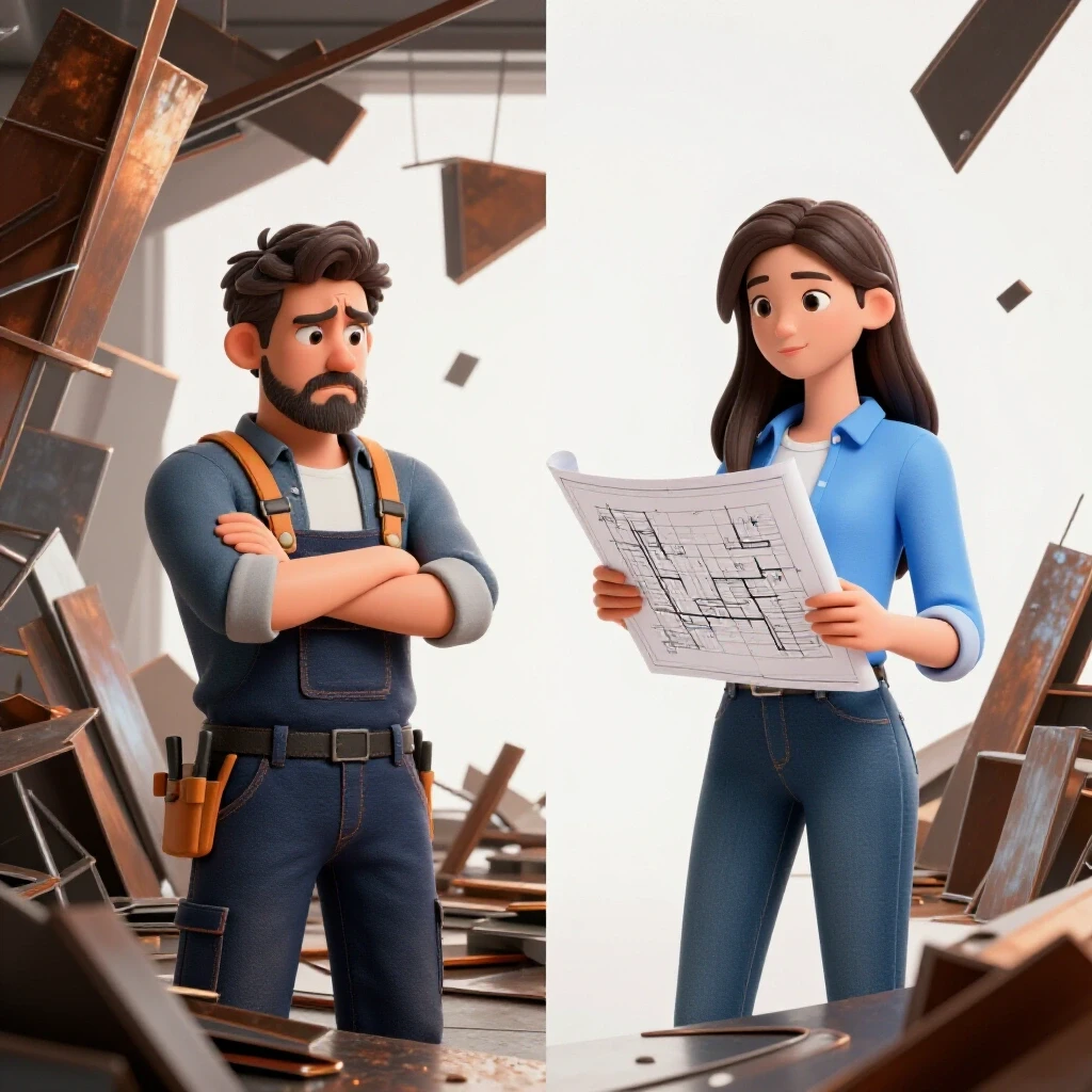 Contrasting imagery of a frustrated craftsman next to a satisfied designer in a metalwork setting.
