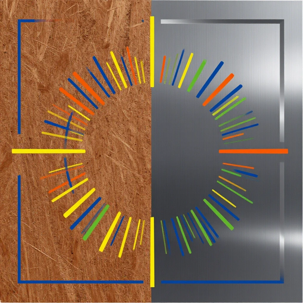 Split-image comparing hardboard and sheet steel templates with vibrant layout marks and rich textures.