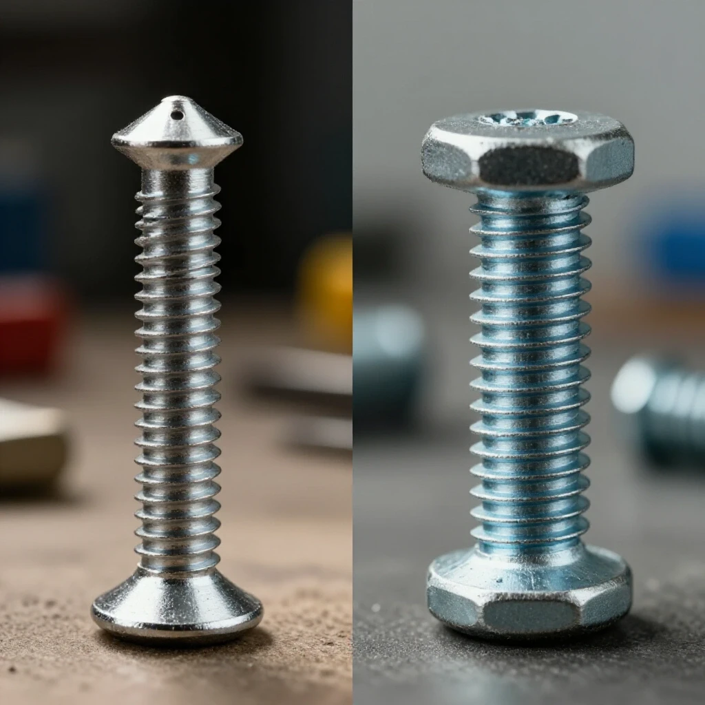 Comparison between a shiny hardened dowel pin and a dull regular bolt, set in a workshop environment.