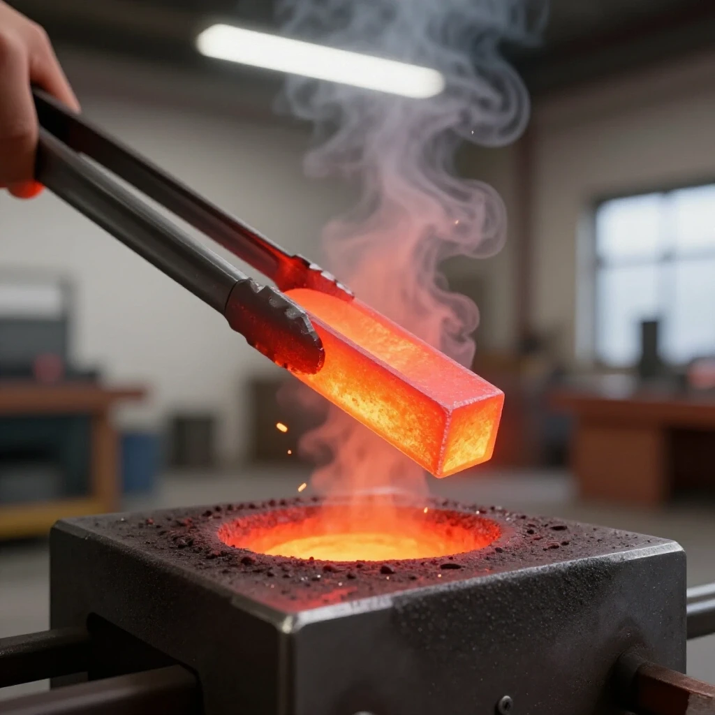 Close-up of a glowing red tool steel being lifted from a forge, surrounded by smoke and sparks in a workshop.